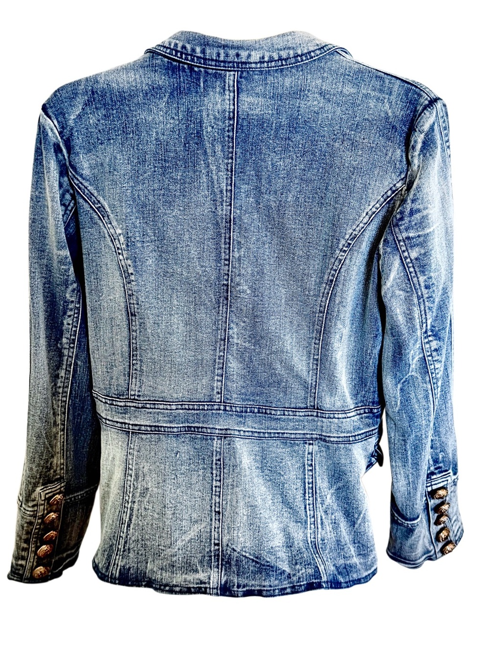 Adam & Amber Denim Blazer Jean Jacket Gold Buttons Double Breasted Size Small - Picture 4 of 11